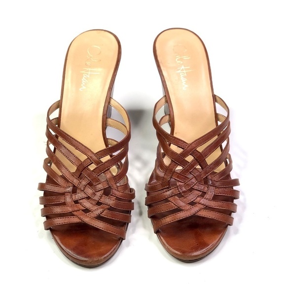 Cole Haan brown woven leather open toed wedge sandals 9 - Picture 5 of 9